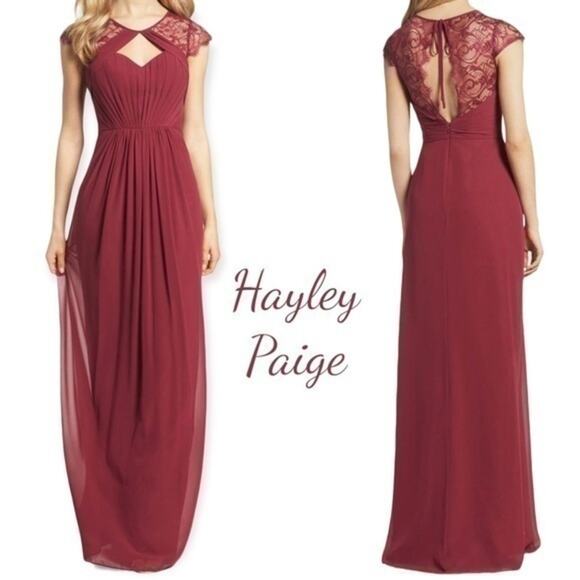 Hayley Paige Burgundy Lace Party Event Bridesmaid Maxi Dress NWT Size 16 - Picture 1 of 15